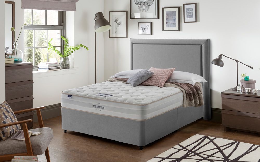 Silentnight Seoul Miracoil Memory Divan Bed Set, Double, 4 Drawers, Matching Paris Headboard, Slate Grey