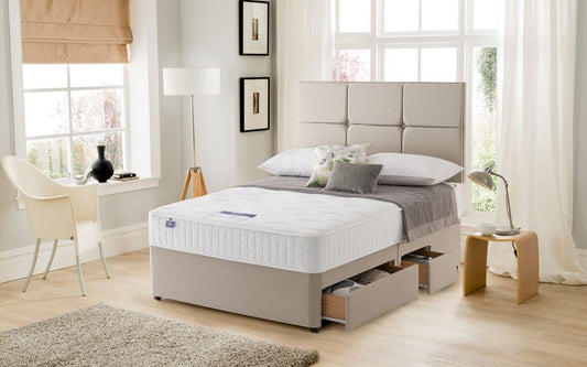Silentnight Essentials Memory Mirapocket 1000 Divan Bed Set, Double, 2 Drawers + 2 Half Drawers, Matching Selene Headboard, Sandstone