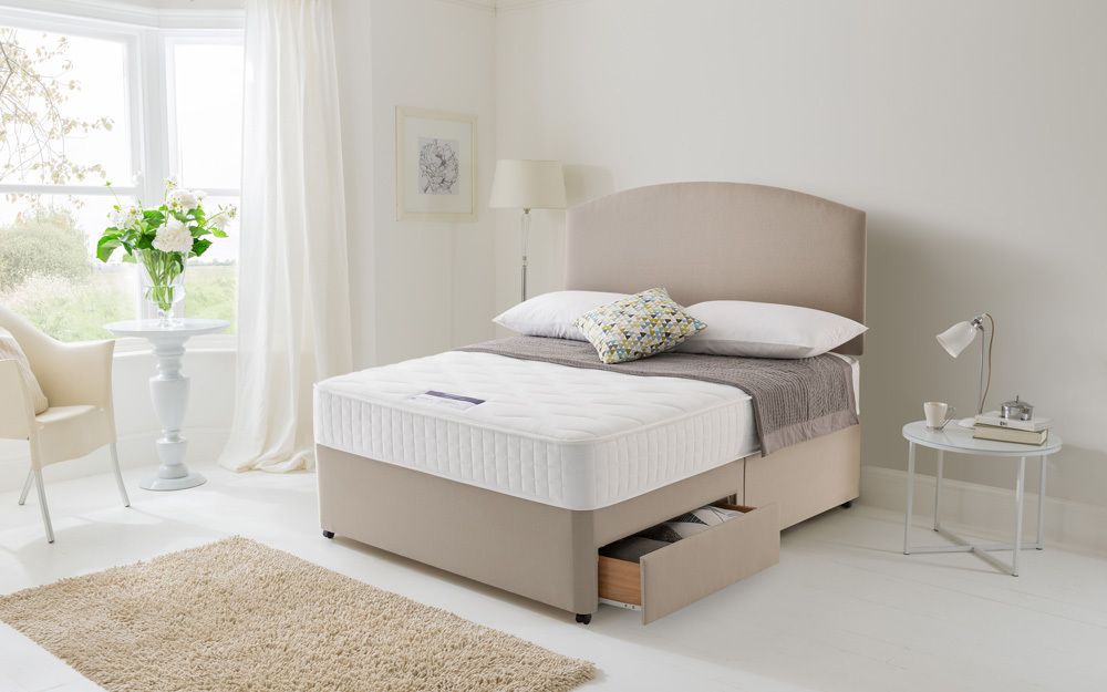 Silentnight Essentials Mirapocket 1000 Divan Bed Set, Small Double, 2 Drawers, Matching Paris Headboard, Sandstone